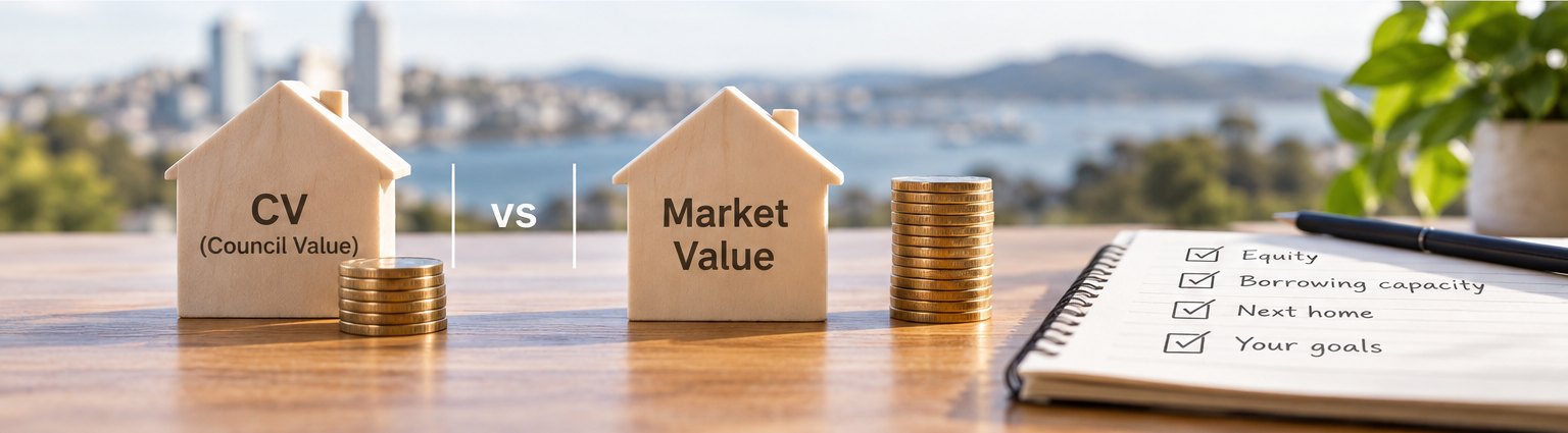 Two model houses labelled CV and market value beside stacks of coins and a checklist